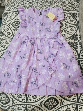 New Purple Floral Ruffle Kids Dress 3-4 Y   100% Cotton